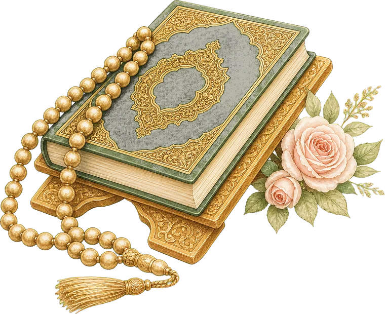 Qur'an on a rehal with prayer beads and flowers
